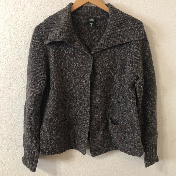 Eileen Fisher Brown Funnel Collar Button Up Merino Wool Sweater - Size Large - Picture 1 of 9